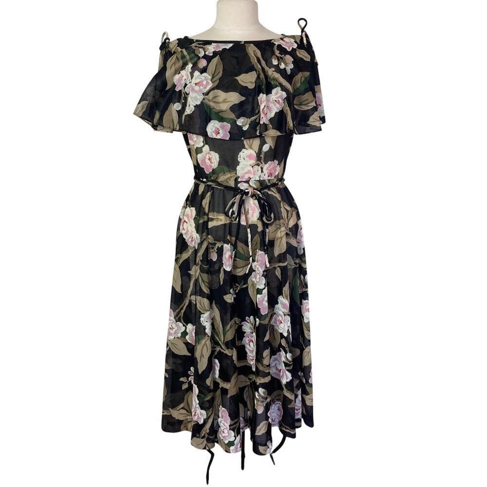 Vintage R&K Originals Sheer Floral Print Womens 10 Black Pink Flutter Sleeve